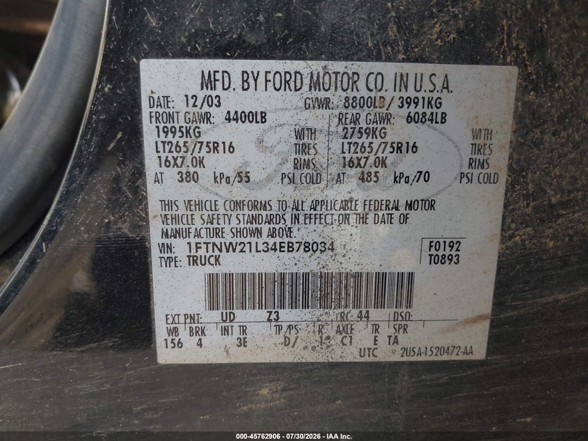 2004 FORD F250 TRUCK 5.4L V-8 260HP