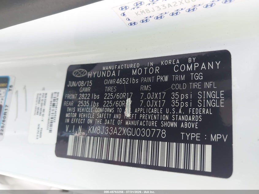 HYUNDAI TUCSON 2016 VIN KM8J33A2XGU030778