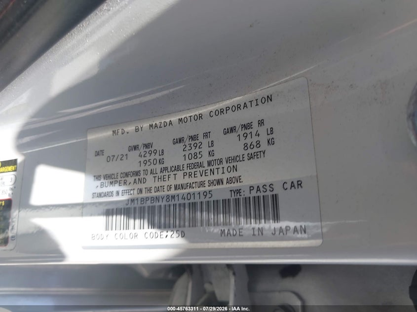 MAZDA MAZDA3 2021 VIN JM1BPBNY8M1401195