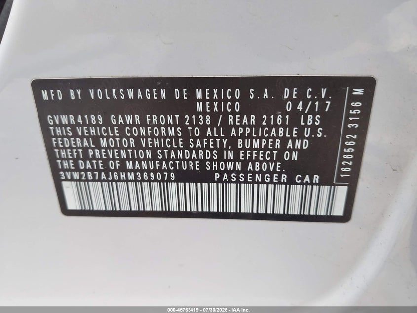 2017 VOLKSWAGEN JETTA SEDAN 1.4L I-4 DI, DOHC, VVT, TURBO, 150HP
