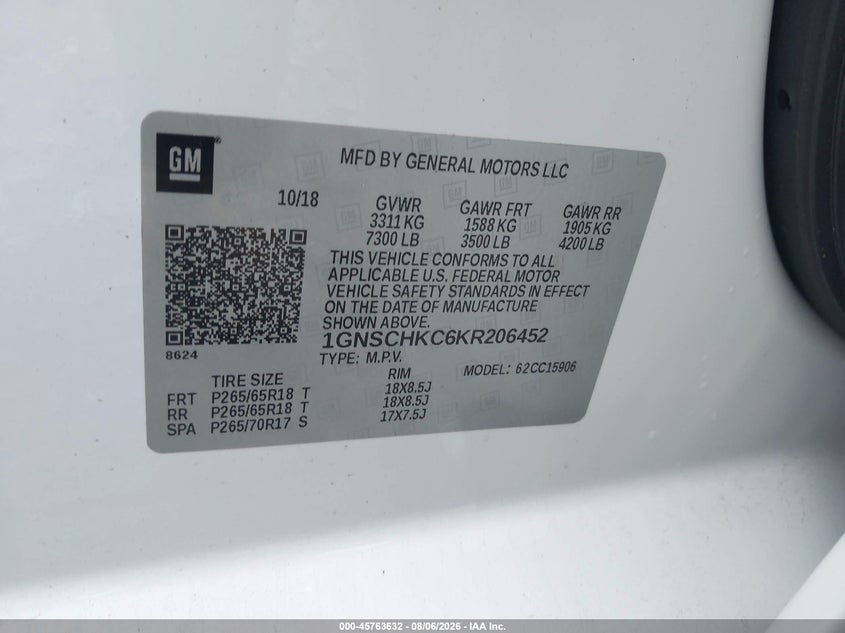 CHEVROLET SUBURBAN 2019 VIN 1GNSCHKC6KR206452