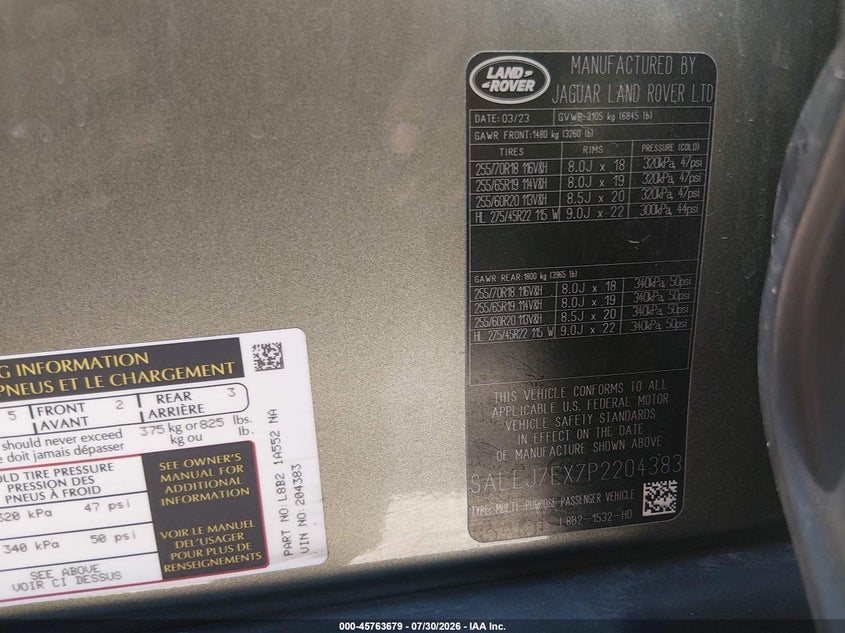 LAND-ROVER DEFENDER 2023 VIN SALEJ7EX7P2204383