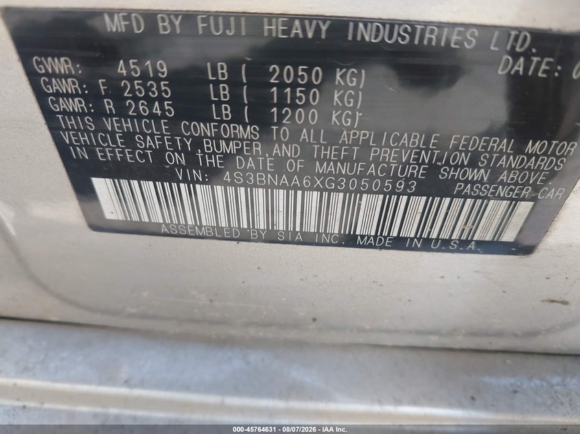 2016 SUBARU LEGACY SEDAN 2.5L H-4 DOHC, VVT, 175HP