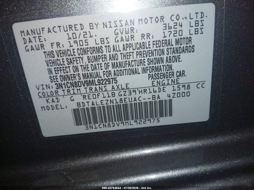 2021 NISSAN VERSA SEDAN 1.6L I-4 DOHC, VVT, 122HP