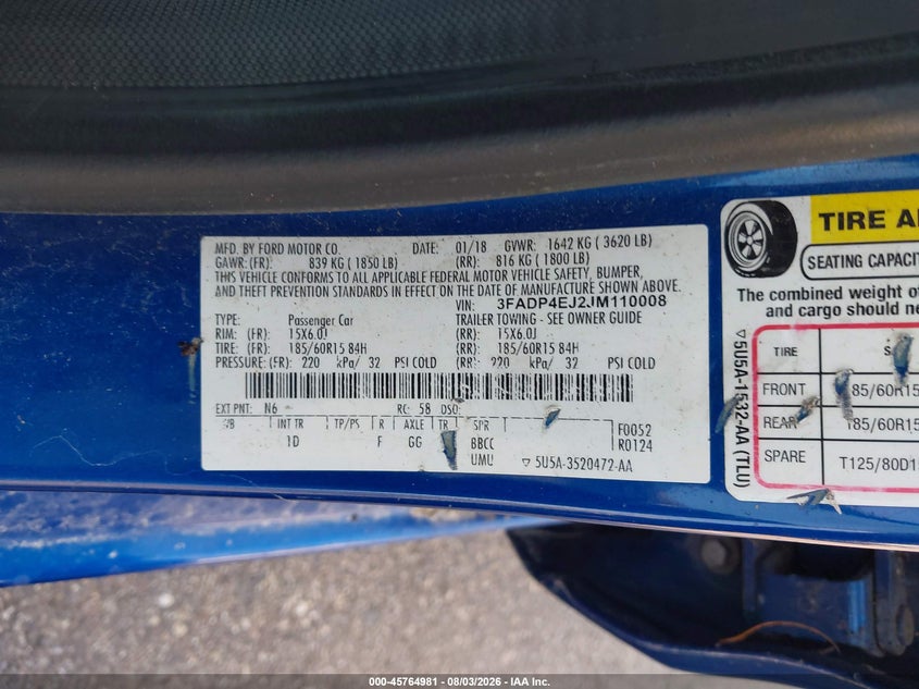 Vin: 3fadp4ej2jm110008, lot: 46263732, ford fiesta se 20184