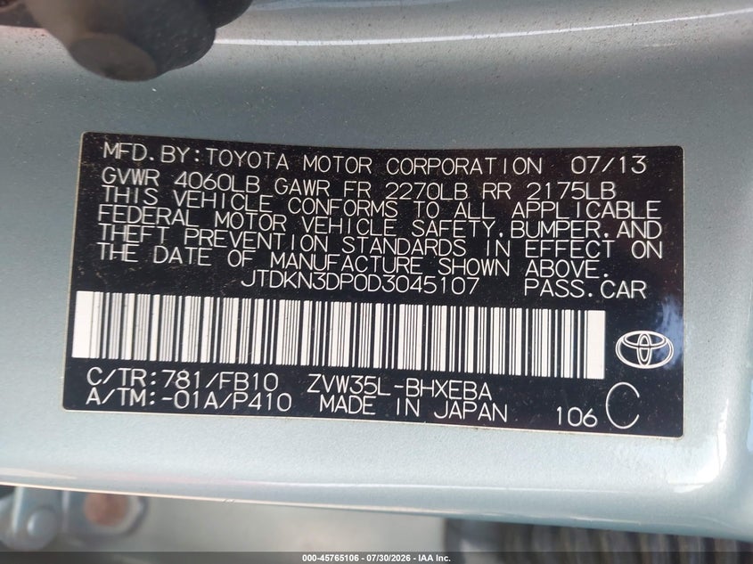 TOYOTA PRIUS PLUG-IN 2013 VIN JTDKN3DP0D3045107