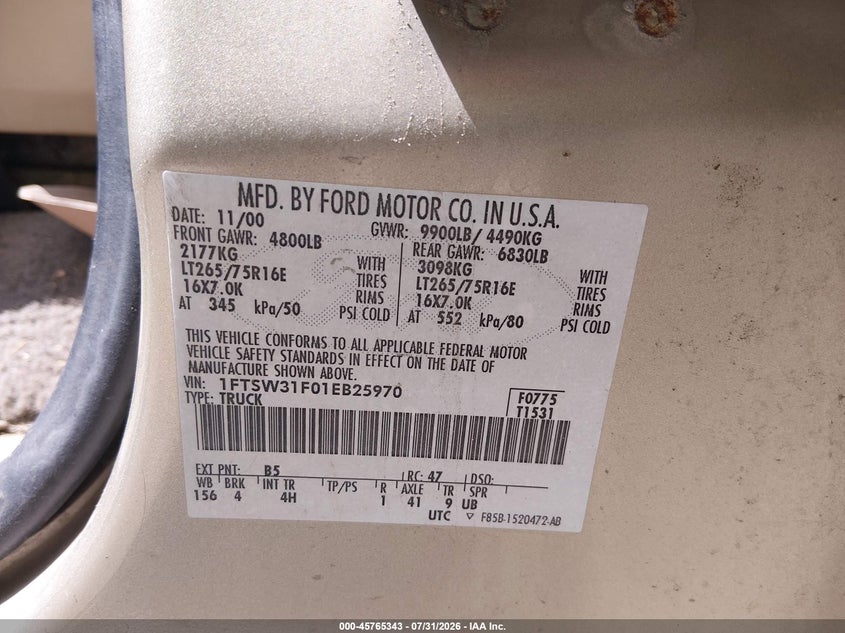 FORD F-350 2001 VIN 1FTSW31F01EB25970