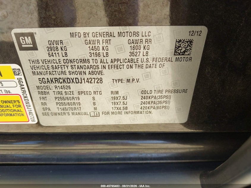 BUICK ENCLAVE 2013 VIN 5GAKRCKDXDJ142728