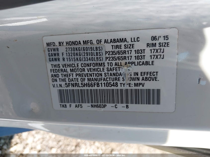 HONDA ODYSSEY 2015 VIN 5FNRL5H66FB110548