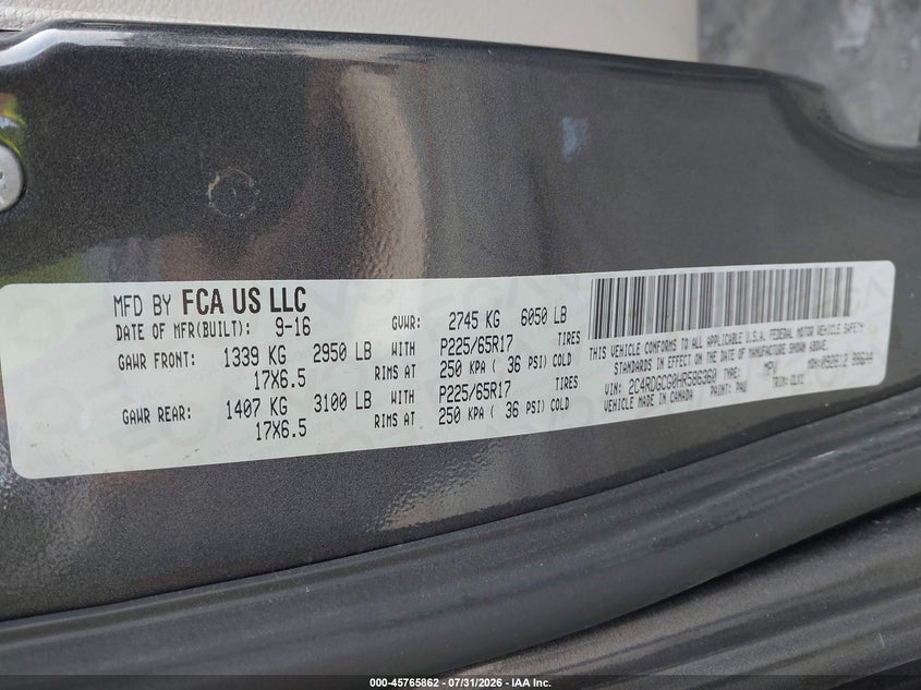 DODGE GRAND CARAVAN 2017 VIN 2C4RDGCG0HR586360
