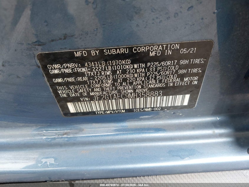 2021 SUBARU XV SPORT UTILITY VEHICLE 2.0L H-4 DI, DOHC, VVT, 152HP