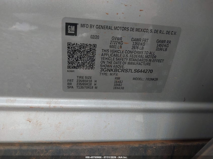 CHEVROLET BLAZER 2020 VIN 3GNKBCRS7LS644270