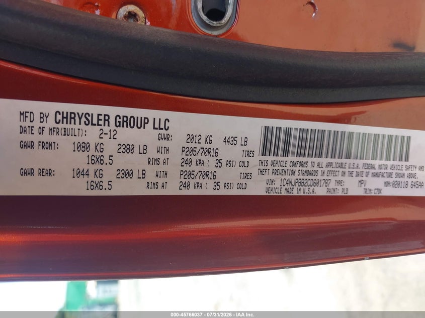 JEEP PATRIOT 2012 VIN 1C4NJPBB2CD601787