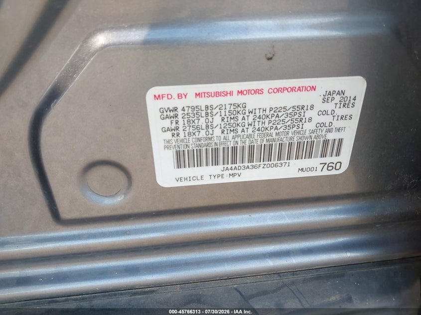 2015 MITSUBISHI OUTLANDER SPORT UTILITY VEHICLE 2.4L I-4 VVT, 166HP