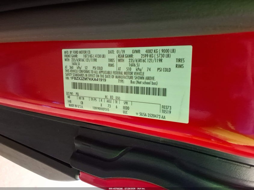FORD TRANSIT-350 2019 VIN 1FBZX2ZM7KKA41919