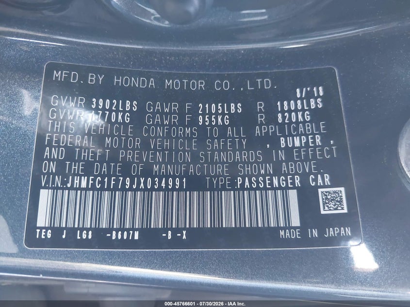 2018 HONDA CIVIC SEDAN 1.5L I-4 DI, DOHC, VVT, TURBO, REGULAR , 174HP