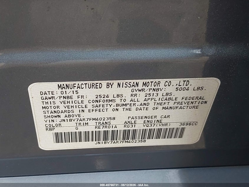 INFINITI Q50 2015 VIN JN1BV7AR7FM402358