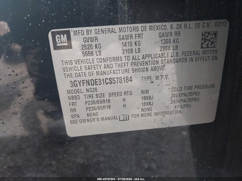 CADILLAC SRX 2012 VIN 3GYFNDE31CS578184