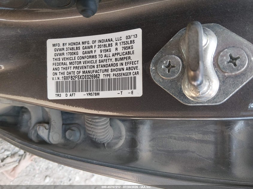 HONDA CIVIC 2013 VIN 19XFB2F5XDE026962