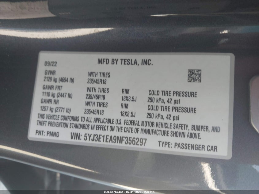 2022 TESLA MODEL 3 SEDAN ELECTRIC