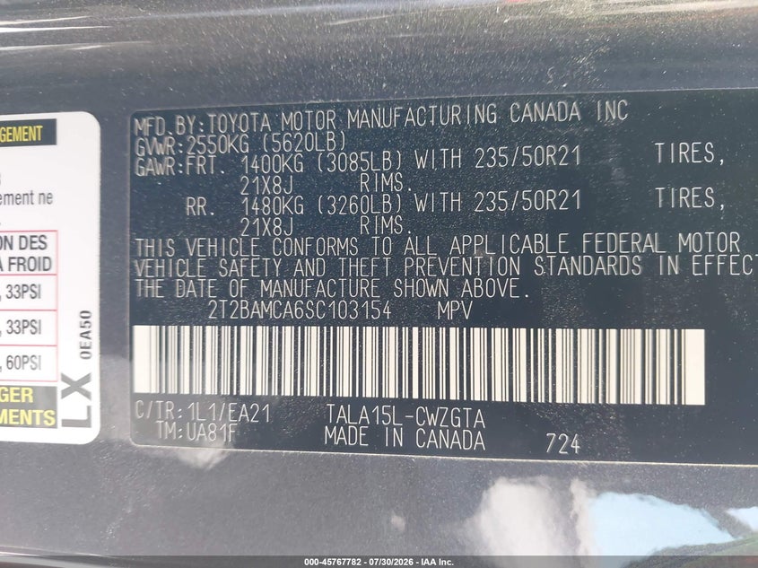 LEXUS RX 350 2025 VIN 2T2BAMCA6SC103154