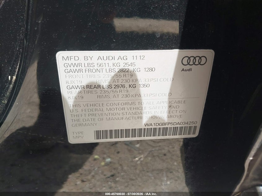 AUDI Q5 2013 VIN WA1DGBFP5DA034250