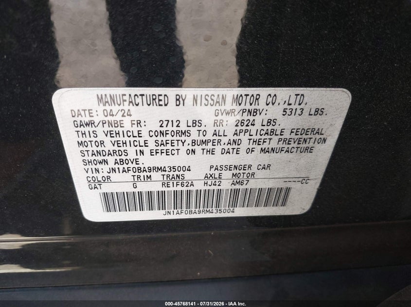 NISSAN ARIYA 2024 VIN JN1AF0BA9RM435004