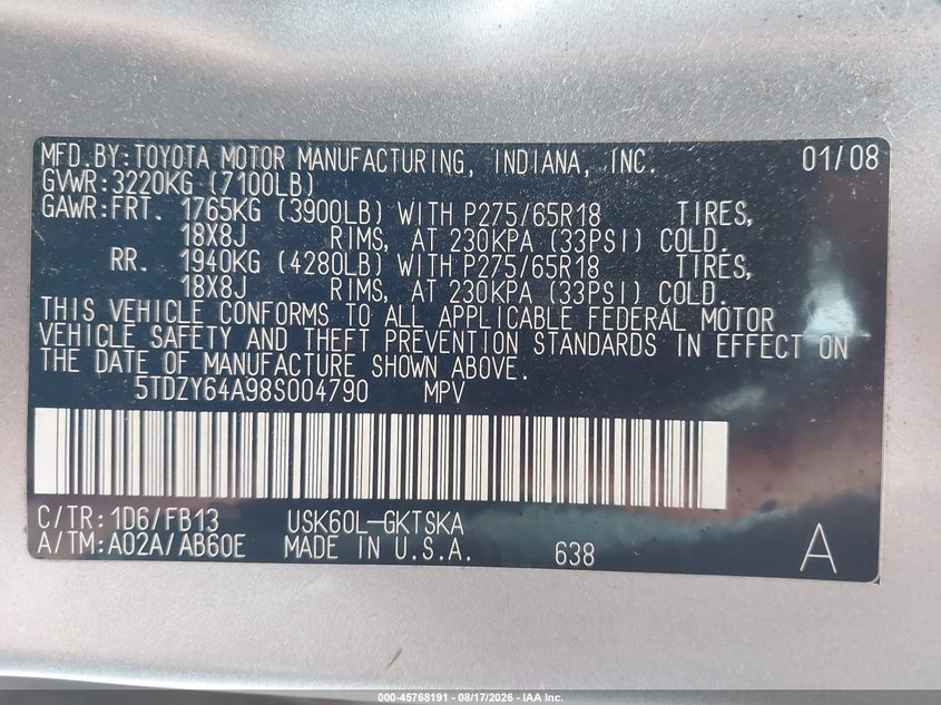 TOYOTA SEQUOIA 2008 VIN 5TDZY64A98S004790