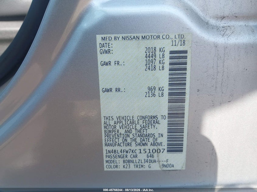 NISSAN ALTIMA 2019 VIN 1N4BL4FW7KC151007