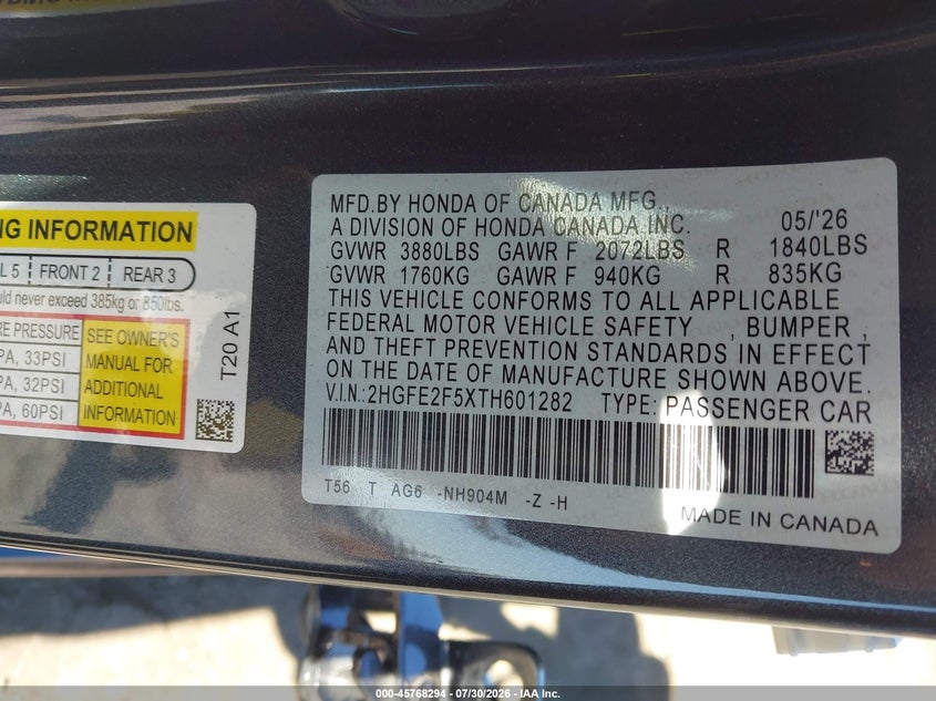 2026 HONDA CIVIC SEDAN 2.0L I-4 DI, DOHC, VVT, REGULAR , 150HP