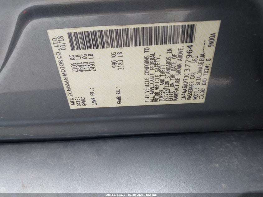 2018 NISSAN MAXIMA SEDAN 3.5L V-6 DOHC, VVT, 300HP