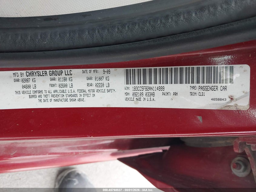 DODGE AVENGER 2010 VIN 1B3CC5FB2AN114999
