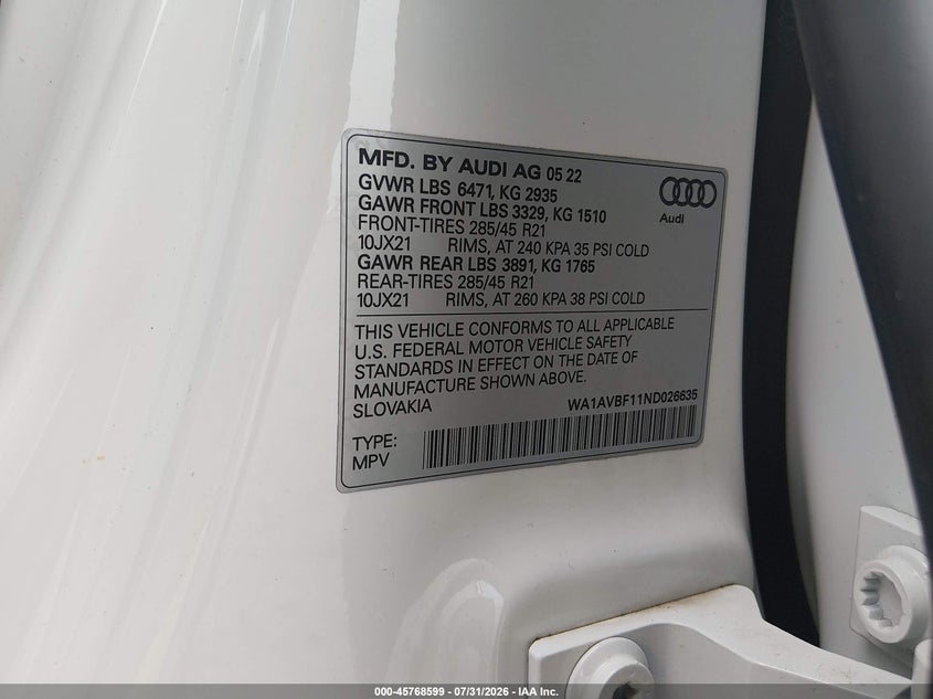 AUDI Q8 2022 VIN WA1AVBF11ND026635