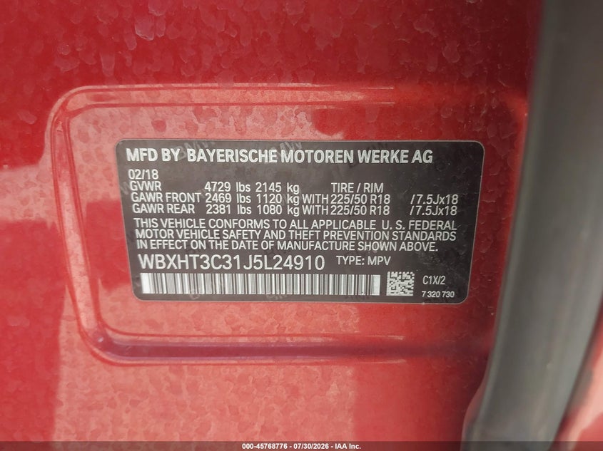 BMW X1 2018 VIN WBXHT3C31J5L24910