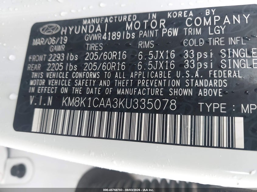 HYUNDAI KONA 2019 VIN KM8K1CAA3KU335078