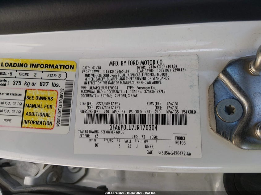 2018 FORD FUSION SEDAN 2.0L I-4 DOHC, VVT, 141HP