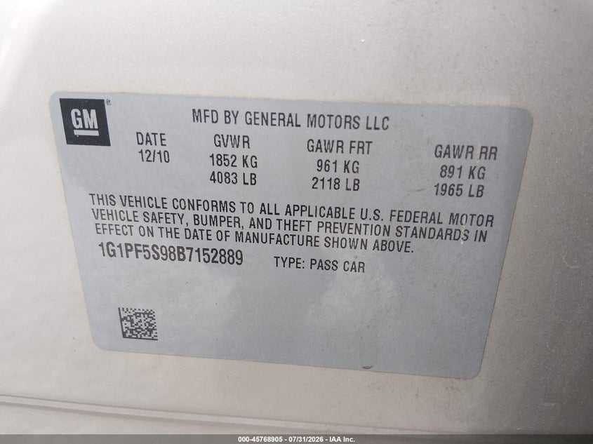 CHEVROLET CRUZE 2011 VIN 1G1PF5S98B7152889