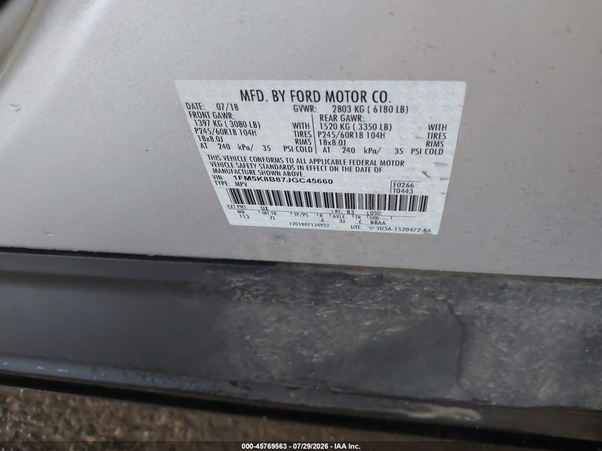 FORD EXPLORER 2018 VIN 1FM5K8B87JGC45660