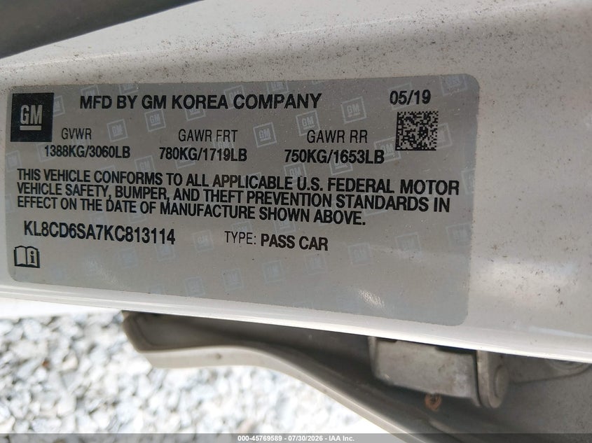 CHEVROLET SPARK 2019 VIN KL8CD6SA7KC813114