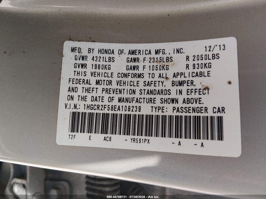 2014 HONDA ACCORD SEDAN 2.4L I-4 DI, DOHC, VVT, 189HP