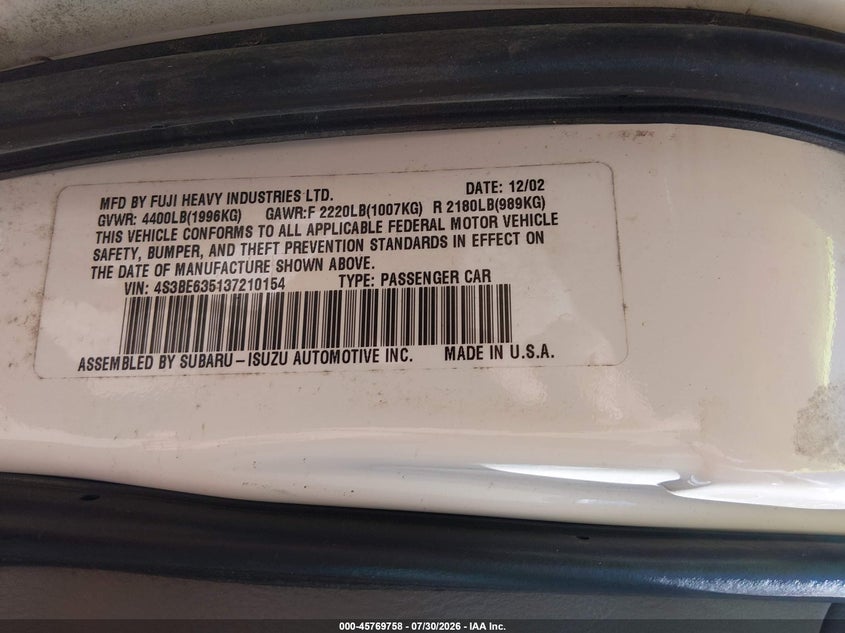 2003 SUBARU LEGACY SEDAN 2.5L H-4 165HP
