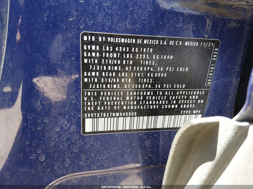 VOLKSWAGEN TAOS 2022 VIN 3VVTX7B27NM040906