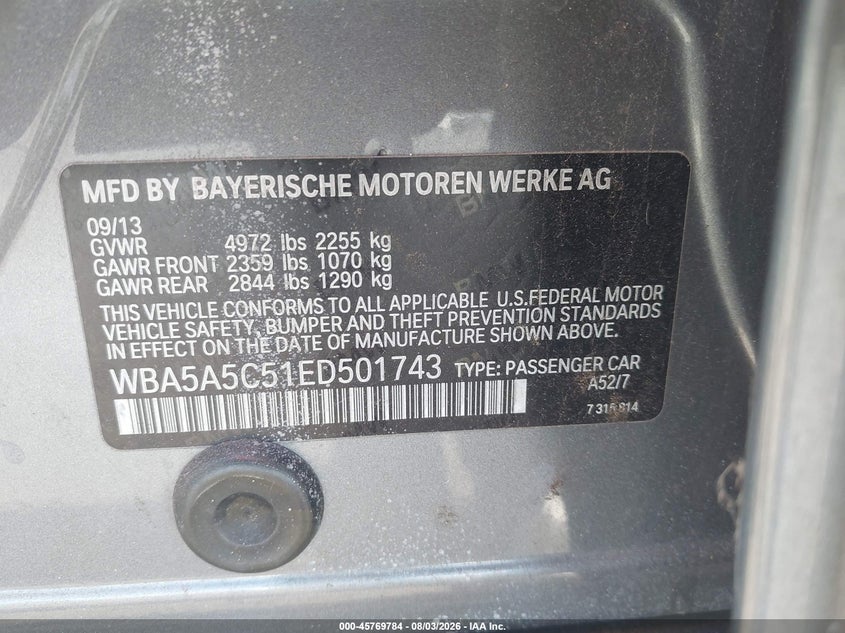 BMW 528I 2014 VIN WBA5A5C51ED501743