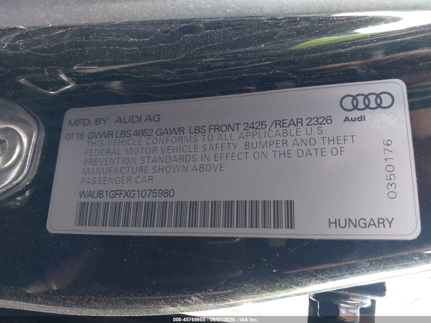 AUDI S3 2016 VIN WAUB1GFFXG1075980