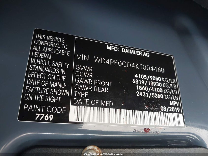 MERCEDES-BENZ SPRINTER 2500 2019 VIN WD4PF0CD4KT004460