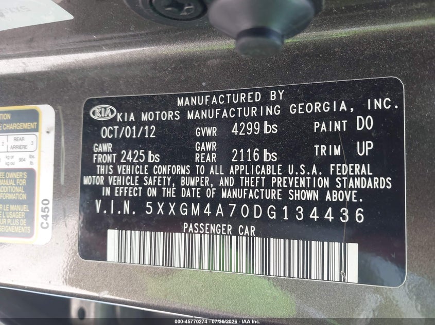 KIA OPTIMA 2013 VIN 5XXGM4A70DG134436