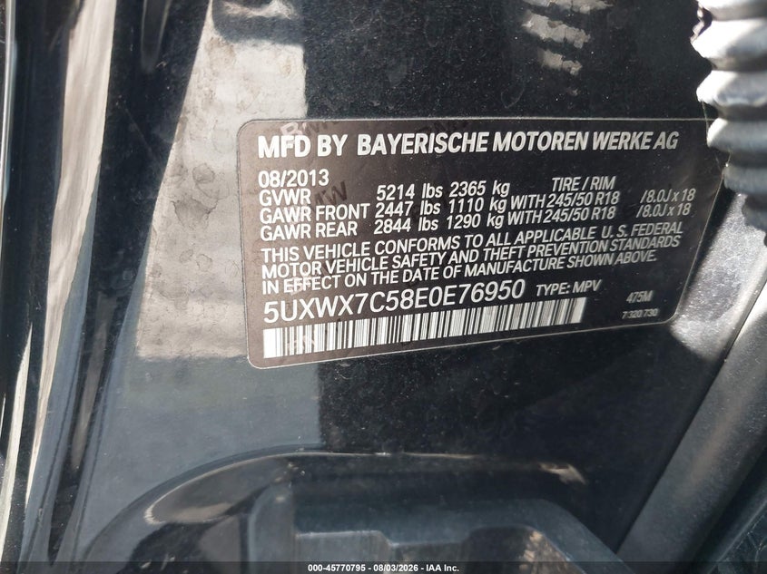 BMW X3 2014 VIN 5UXWX7C58E0E76950