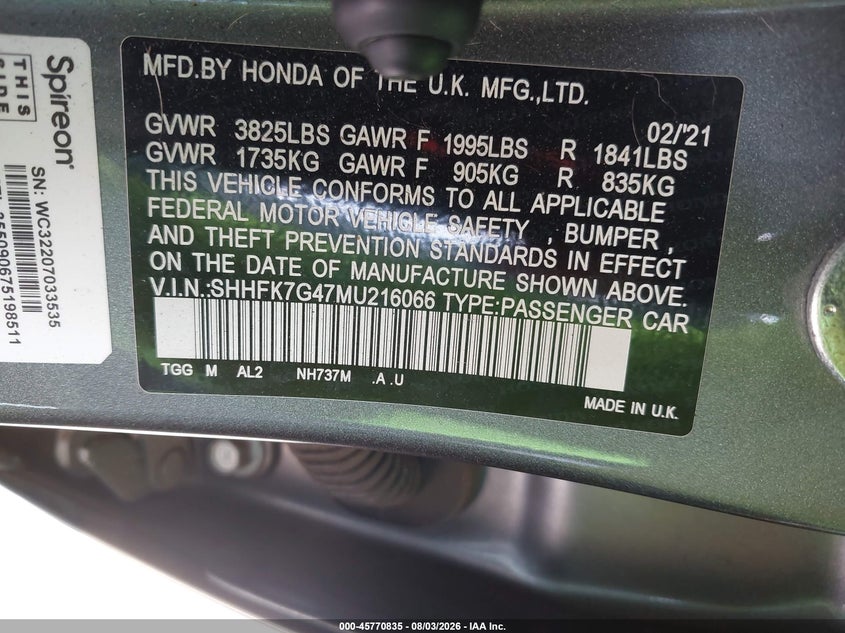 HONDA CIVIC 2021 VIN SHHFK7G47MU216066