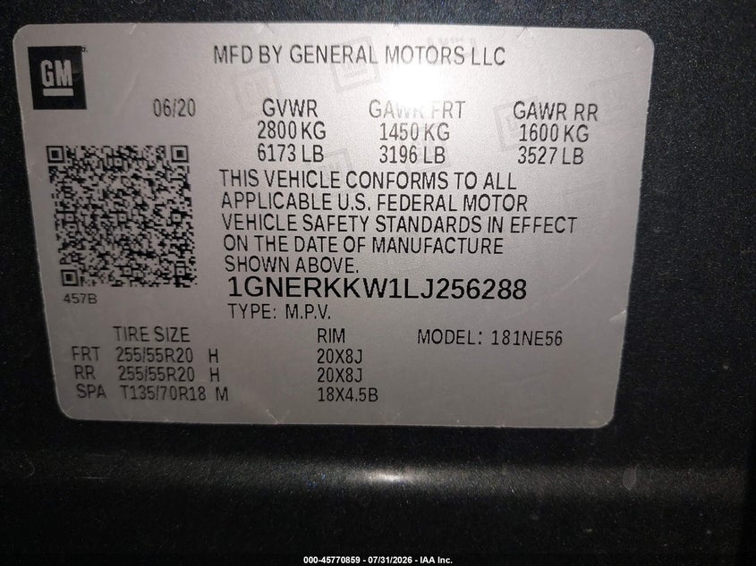 CHEVROLET TRAVERSE 2020 VIN 1GNERKKW1LJ256288