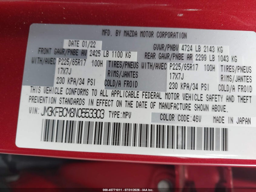 2022 MAZDA CX-5 SPORT UTILITY VEHICLE 2.5L I-4 DI, DOHC, VVT, 187HP